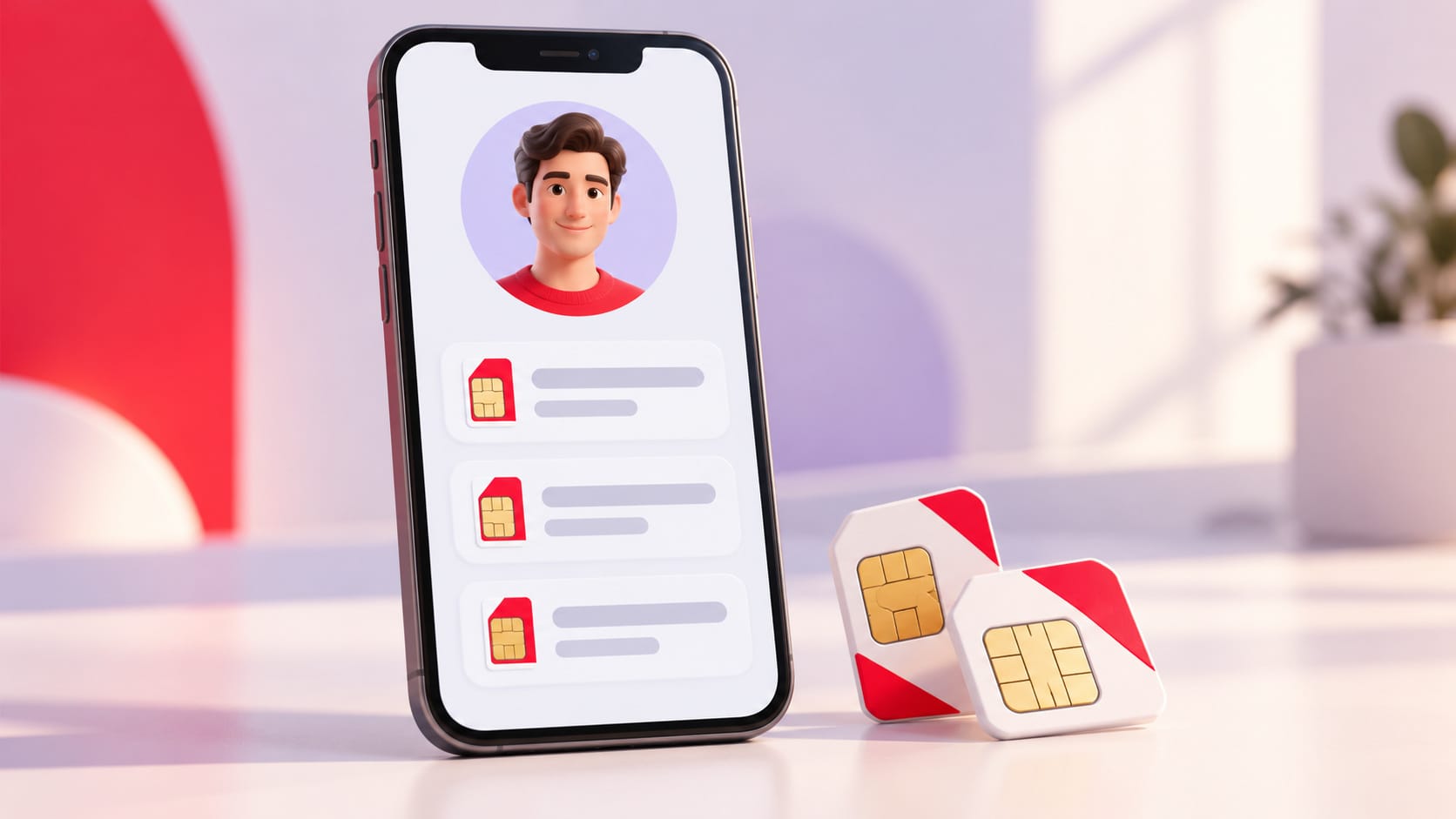 Смартфон со списком SIM-карт одного владельца и две SIM-карты рядом