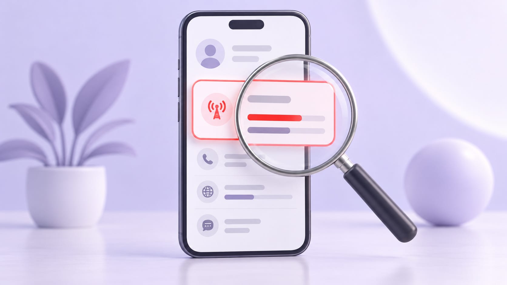 Смартфон с выделенной карточкой тарифа и увеличительным стеклом