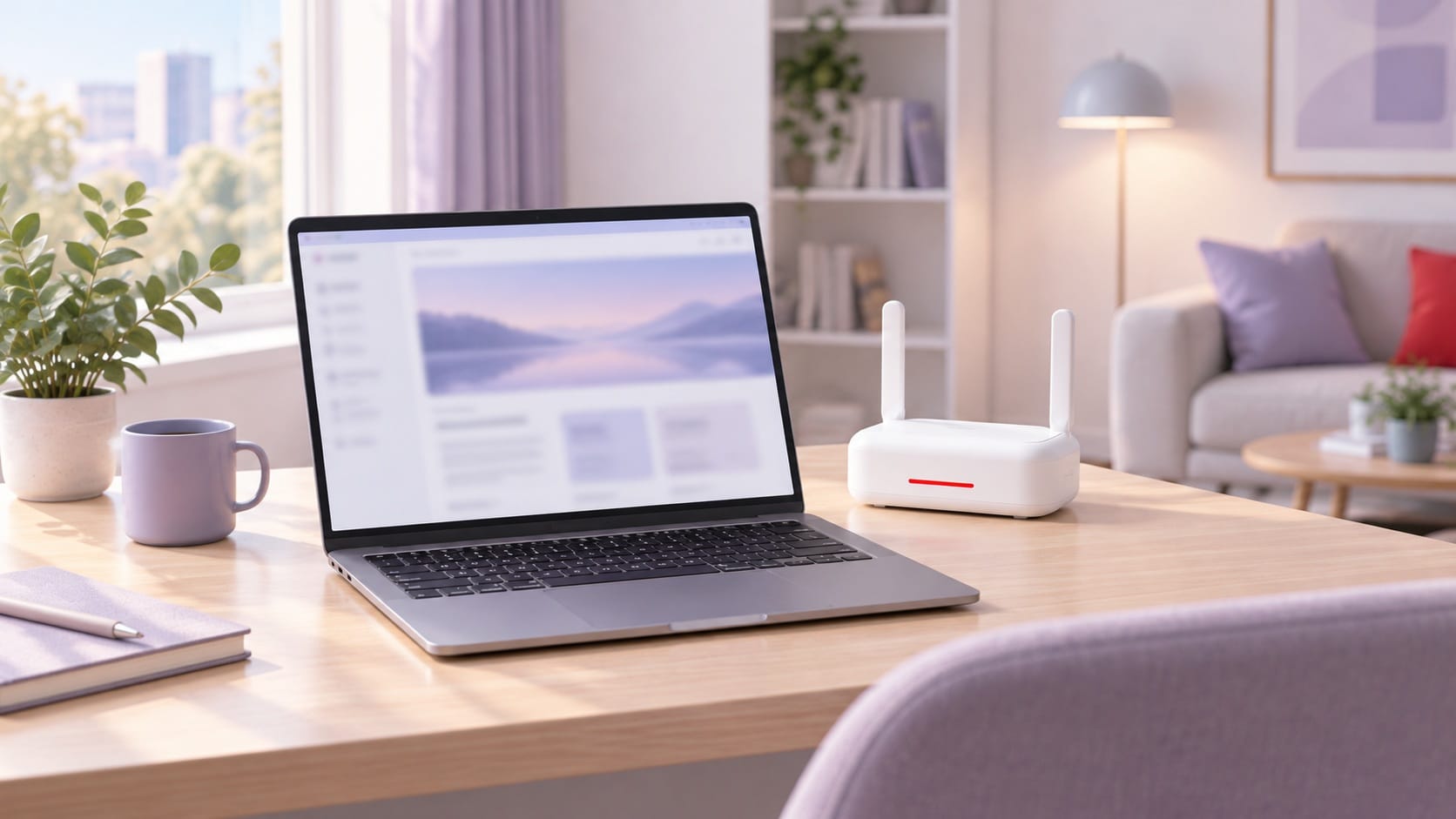 Ноутбук и Wi-Fi-роутер на домашнем рабочем столе