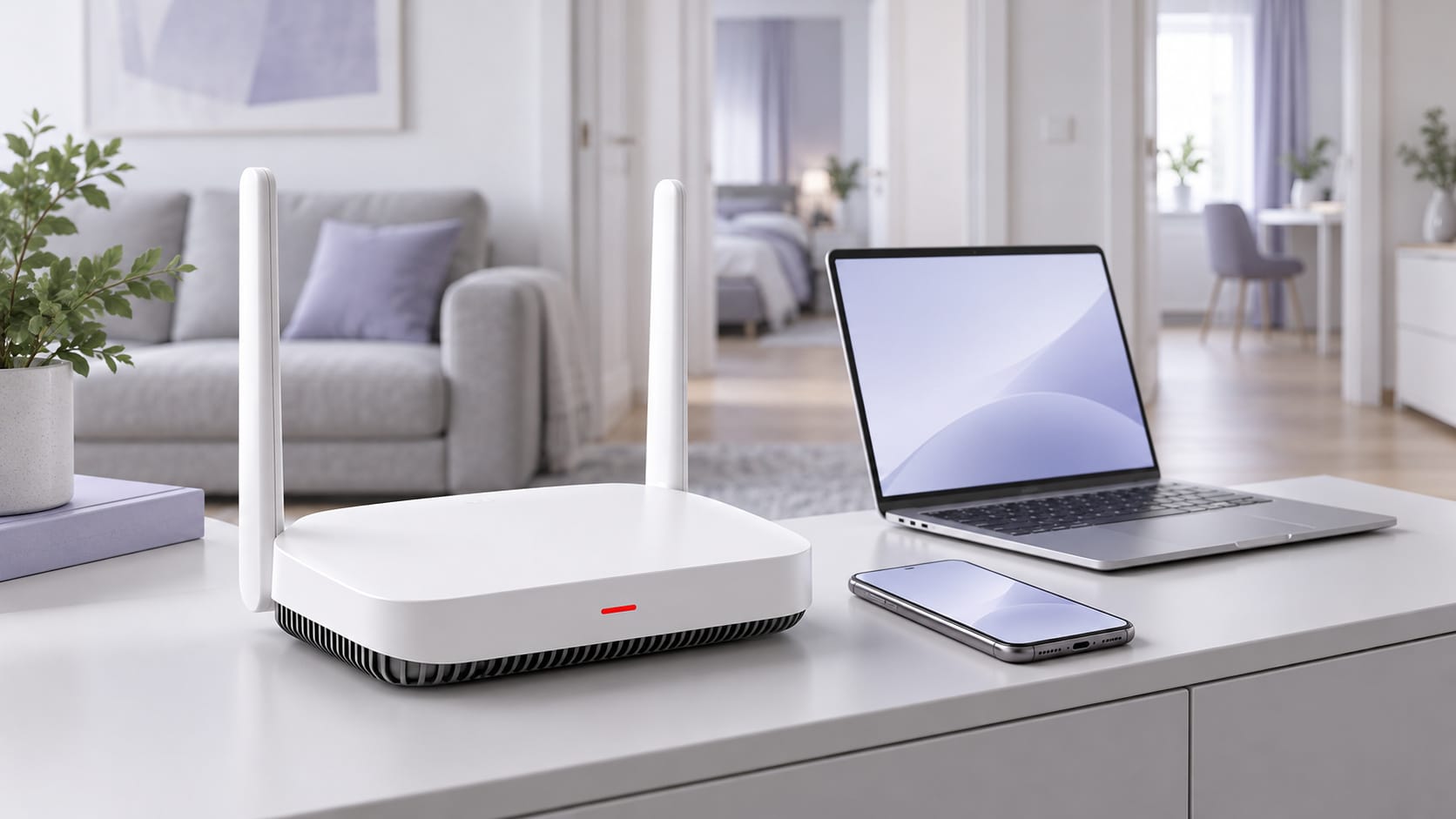 Домашний Wi-Fi-роутер рядом с ноутбуком и смартфоном в квартире.